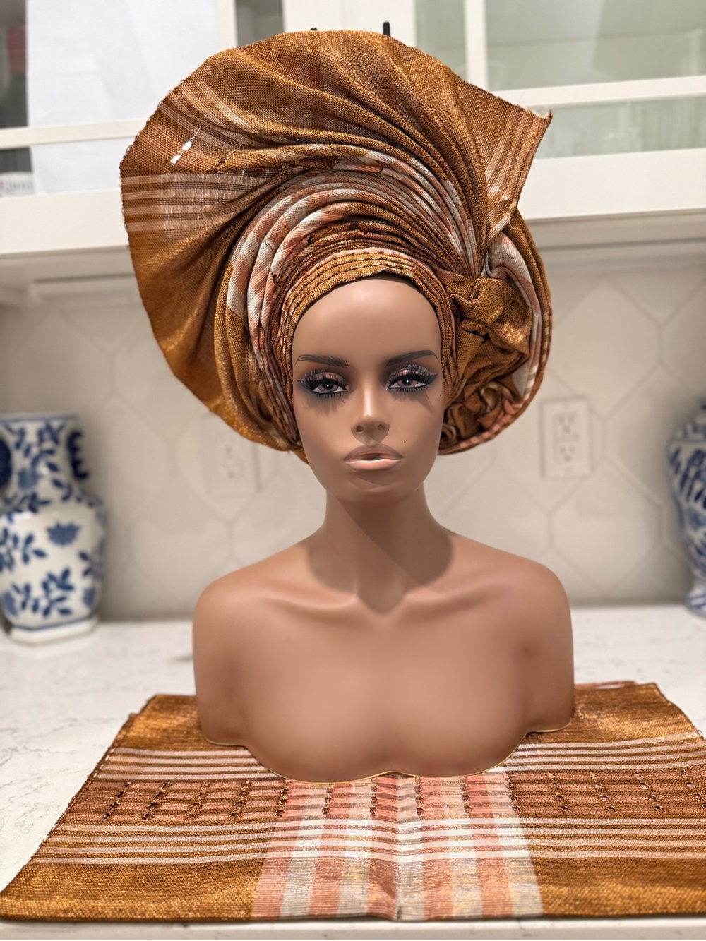 Gold Brown Traditional African Bridal Aso-Oke Auto Gele 2p Set Gele and Ipele